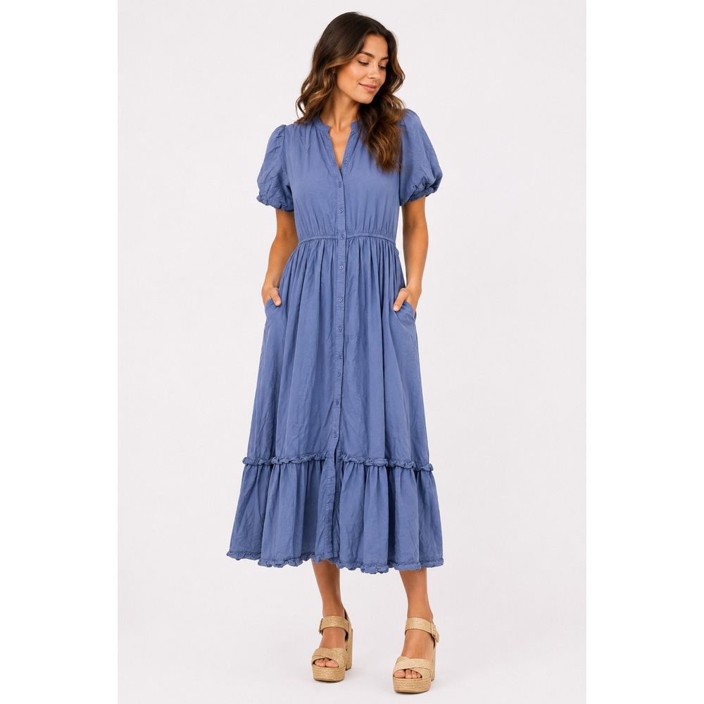 Downeast Tiered Midi Dress Women S Blu Puff Sleeve Button Front Cottagecore Boho